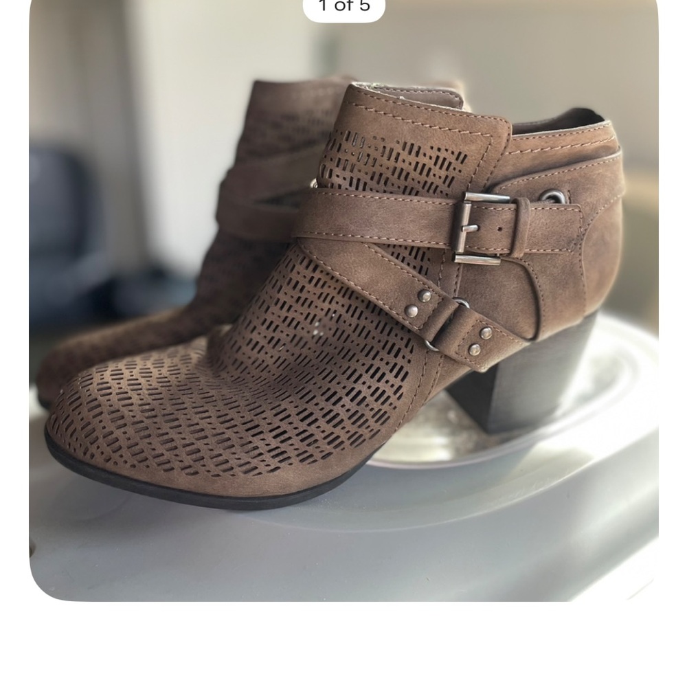 Indigo Brown Perforated Buckle Ankle Booties